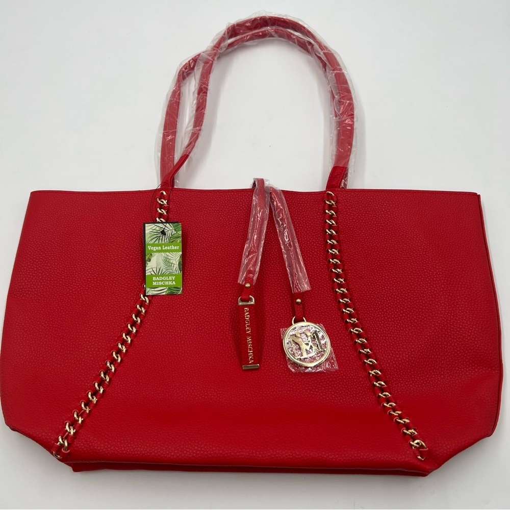 Badgley Mischka red chain bag.  Vegan‎ leather. 18 3/4 wide x 10 3/4.